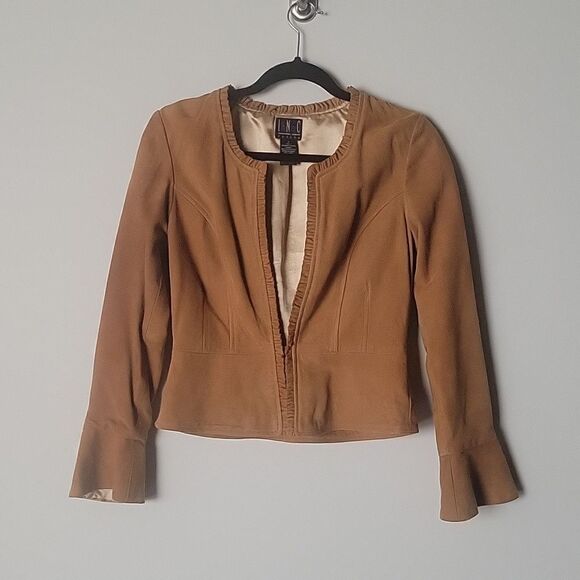 NEW INC Suede P 0 Leather Brown Tan Camel Ruffle Blazer Fitted Boho Jacket Bell - Picture 1 of 16